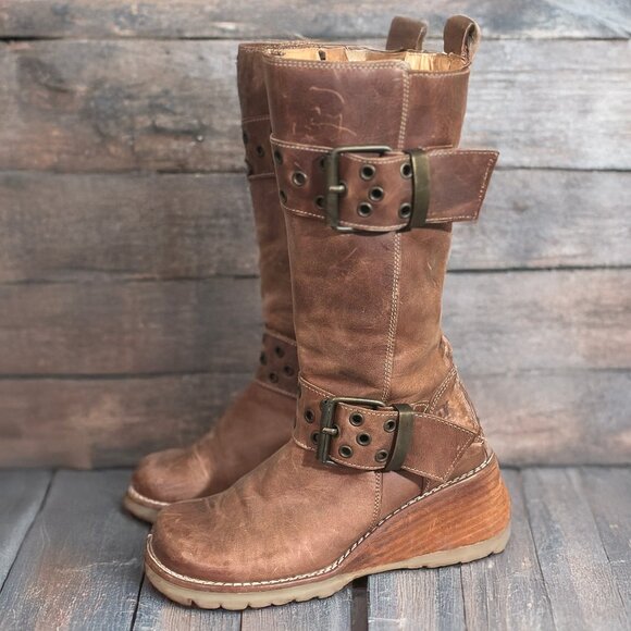 Destroy Spain Brown Leather Wedge Buckle Boots – Distressed Vintage Style - Picture 1 of 6